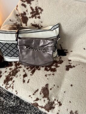 Coach Metallic Gray Leather Chain-Accent Shoulder Bag boho vintage